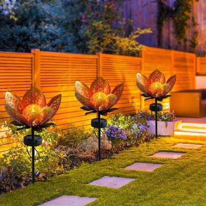 Solar Powered Metal Lotus Flower Garden Stake Lights