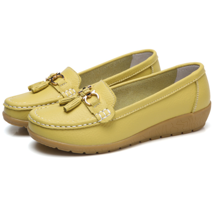 🔥Hot Sale🔥 Round-Toe Calfskin Flats, Breathable Orthopedic Slip-On Walking Shoes