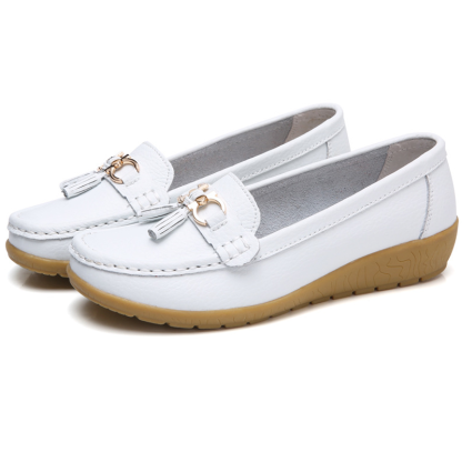 🔥Hot Sale🔥 Round-Toe Calfskin Flats, Breathable Orthopedic Slip-On Walking Shoes