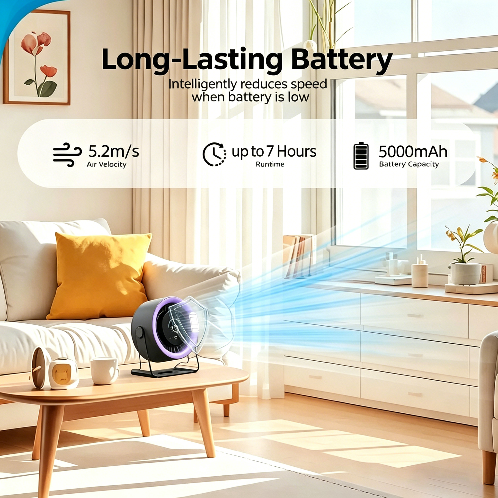 Portable Rechargeable Turbo Fan, Quiet Desktop Fan