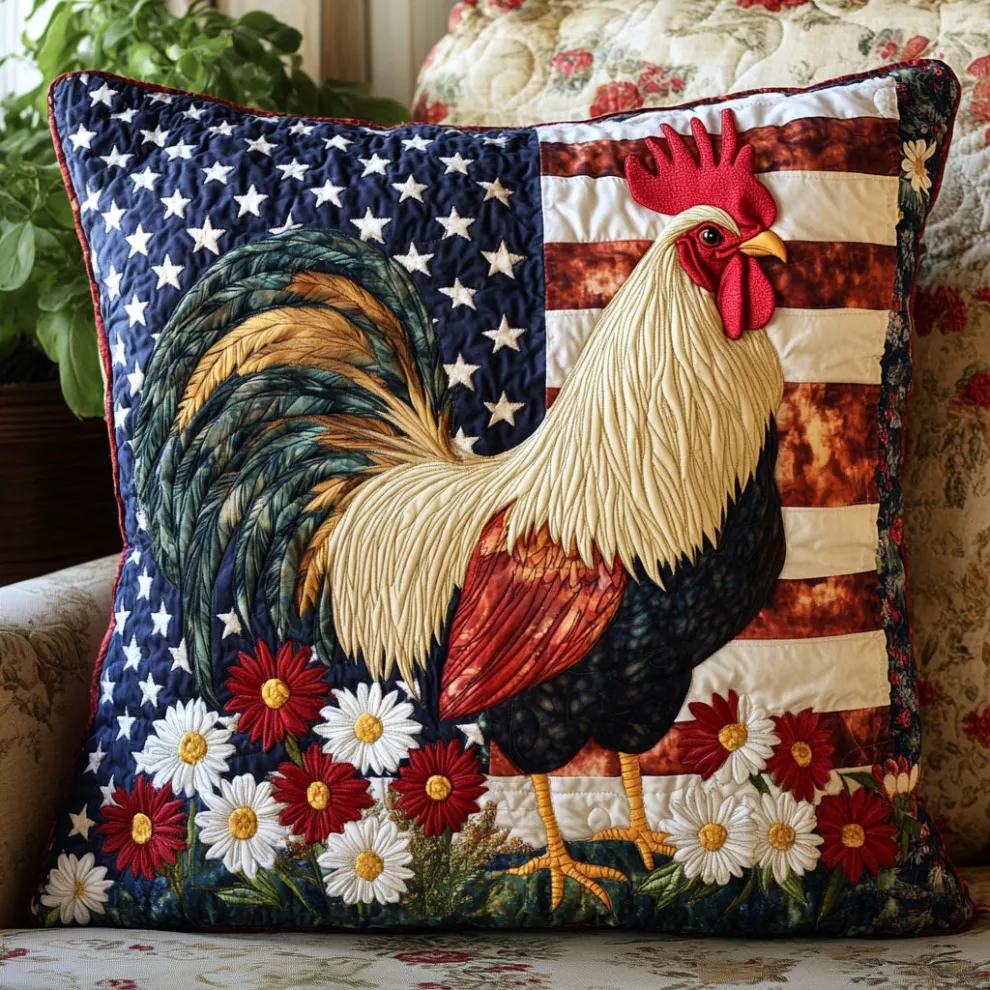 Patriotic Rooster & Floral Quilted Pillow