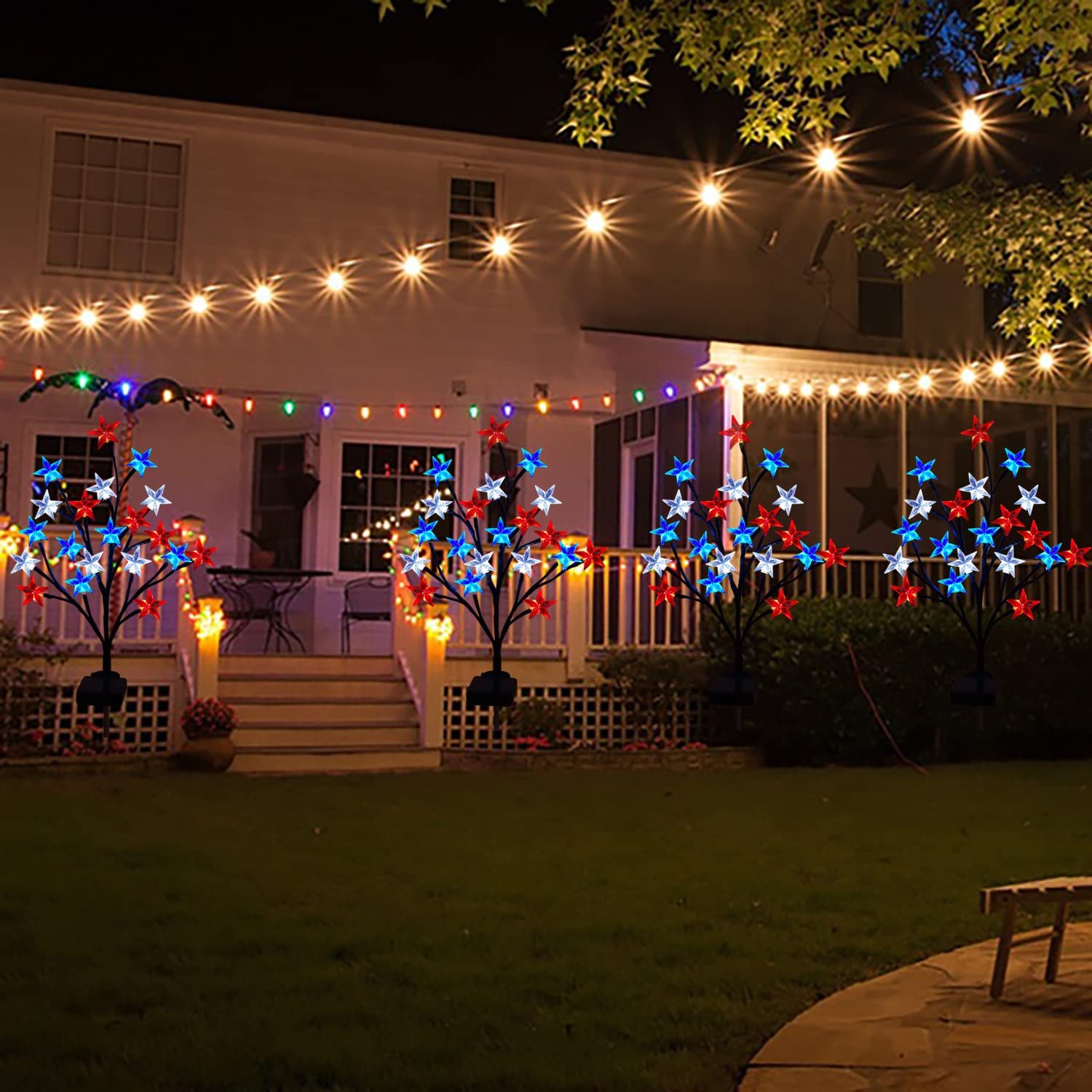 Solar 4th of July Decorations Red White and Blue Star Outdoor Lights (2 Pack)