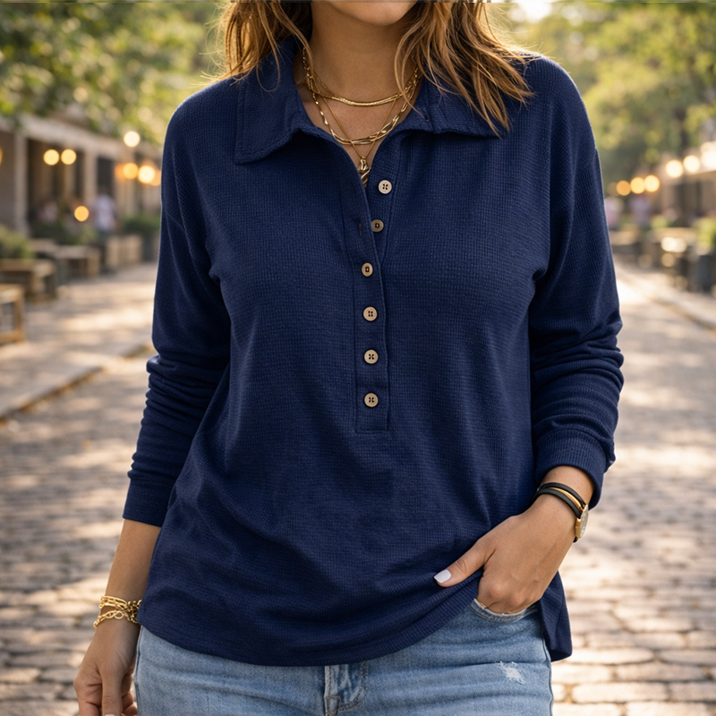 Women’s Waffle Knit Long Sleeve Henley Top – Casual Button-Up Collared Pullover Shirt