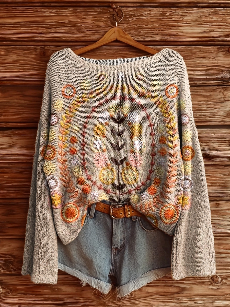 Women's Boho Vintage Floral Art Pattern Print Casual Pullover Sweater
