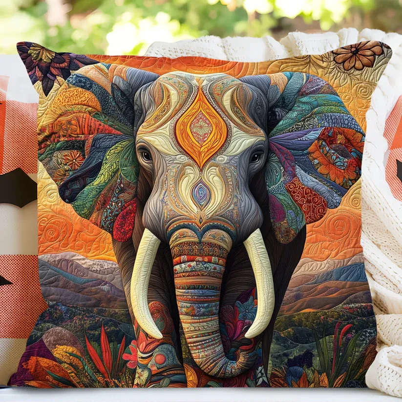 Ornate Mandala Elephant Quilted Pillow