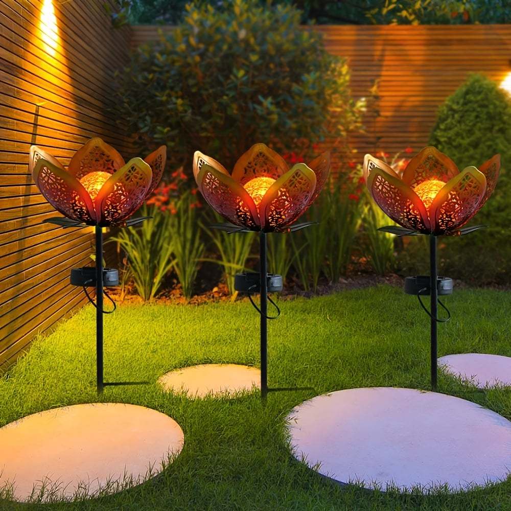 Solar Powered Metal Lotus Flower Garden Stake Lights