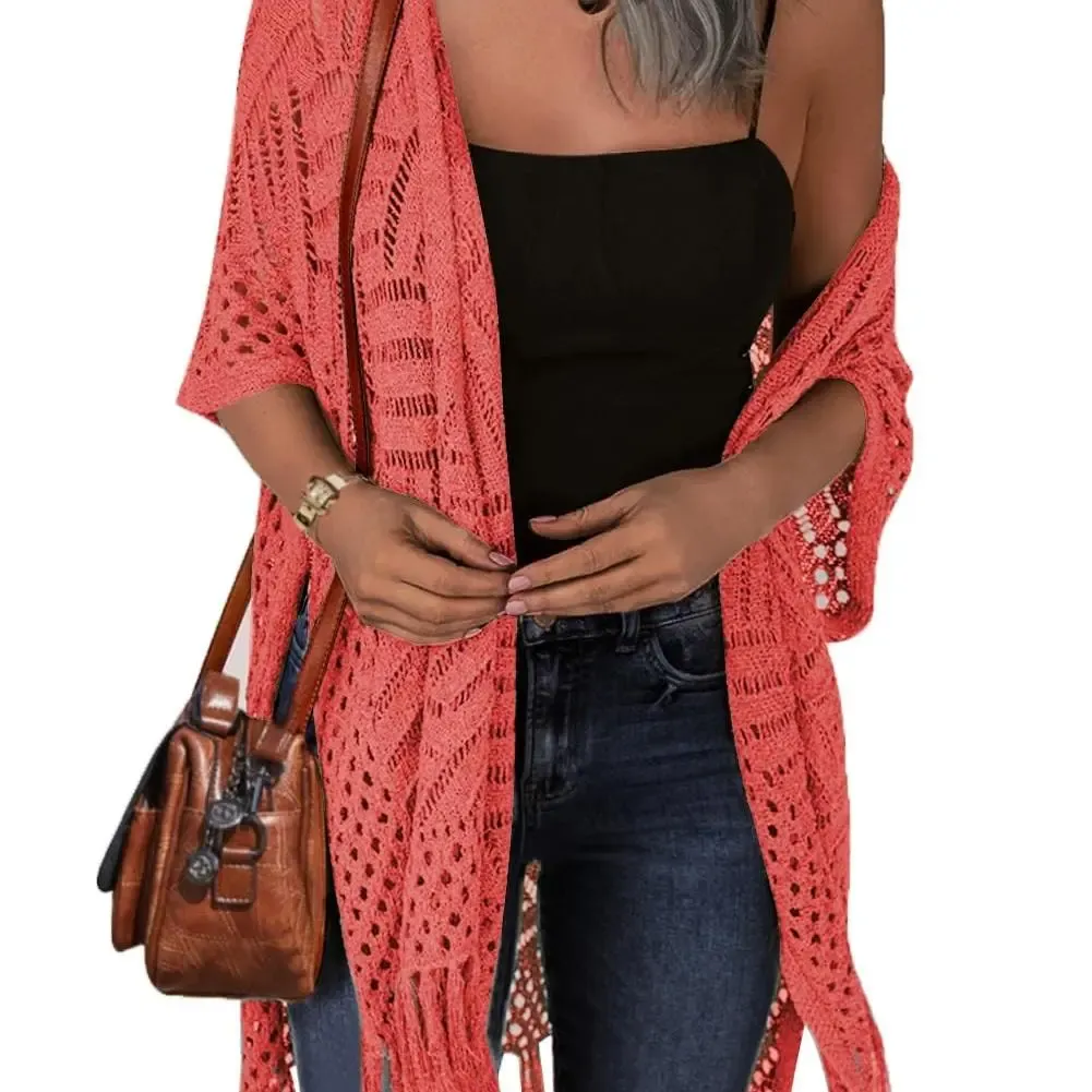 Women’s Lightweight Crochet Tassel Kimono Cardigan