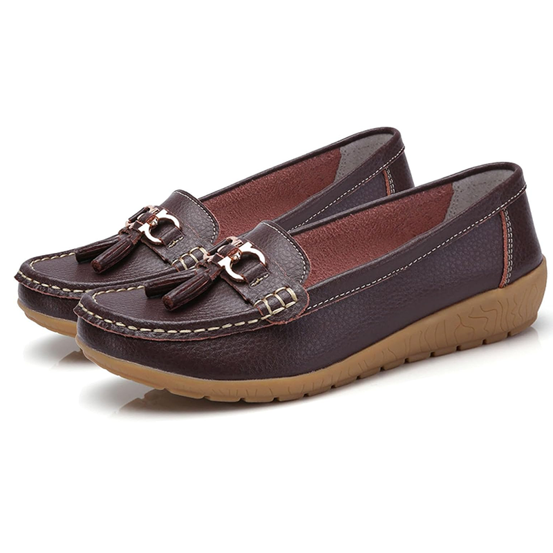 🔥Hot Sale🔥 Round-Toe Calfskin Flats, Breathable Orthopedic Slip-On Walking Shoes