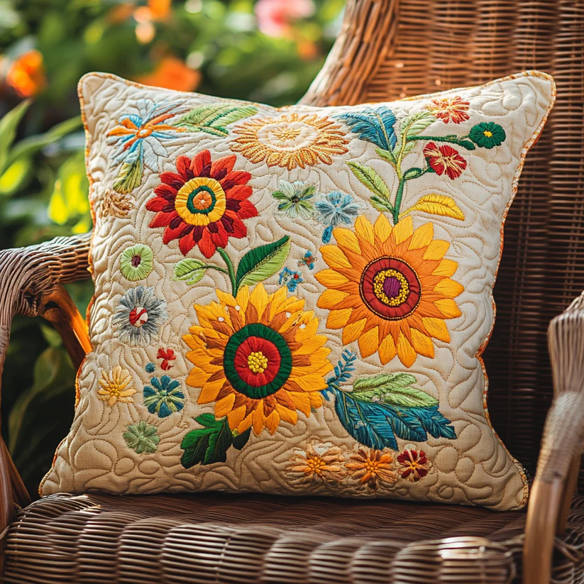 Vibrant Embroidered Sunflower & Floral Quilted Pillow