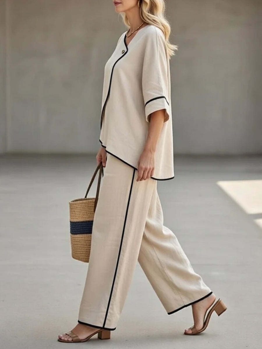 Casual Black Linen And Cotton Asymmetrical Collar Top And Pants Set