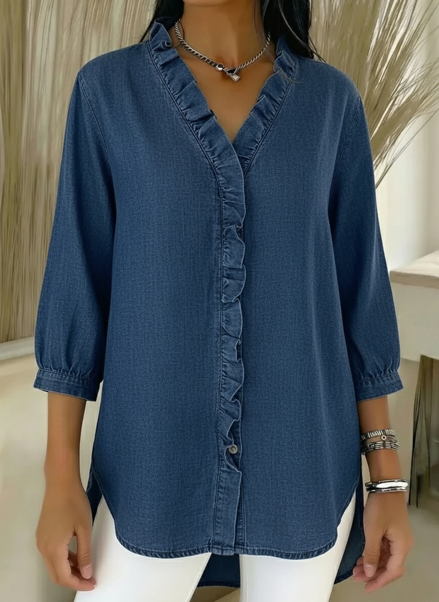 New Arrivals🔥 Women's Casual Denim V-Neck Ruffled Shirt（Free shipping on orders of two items or more.）
