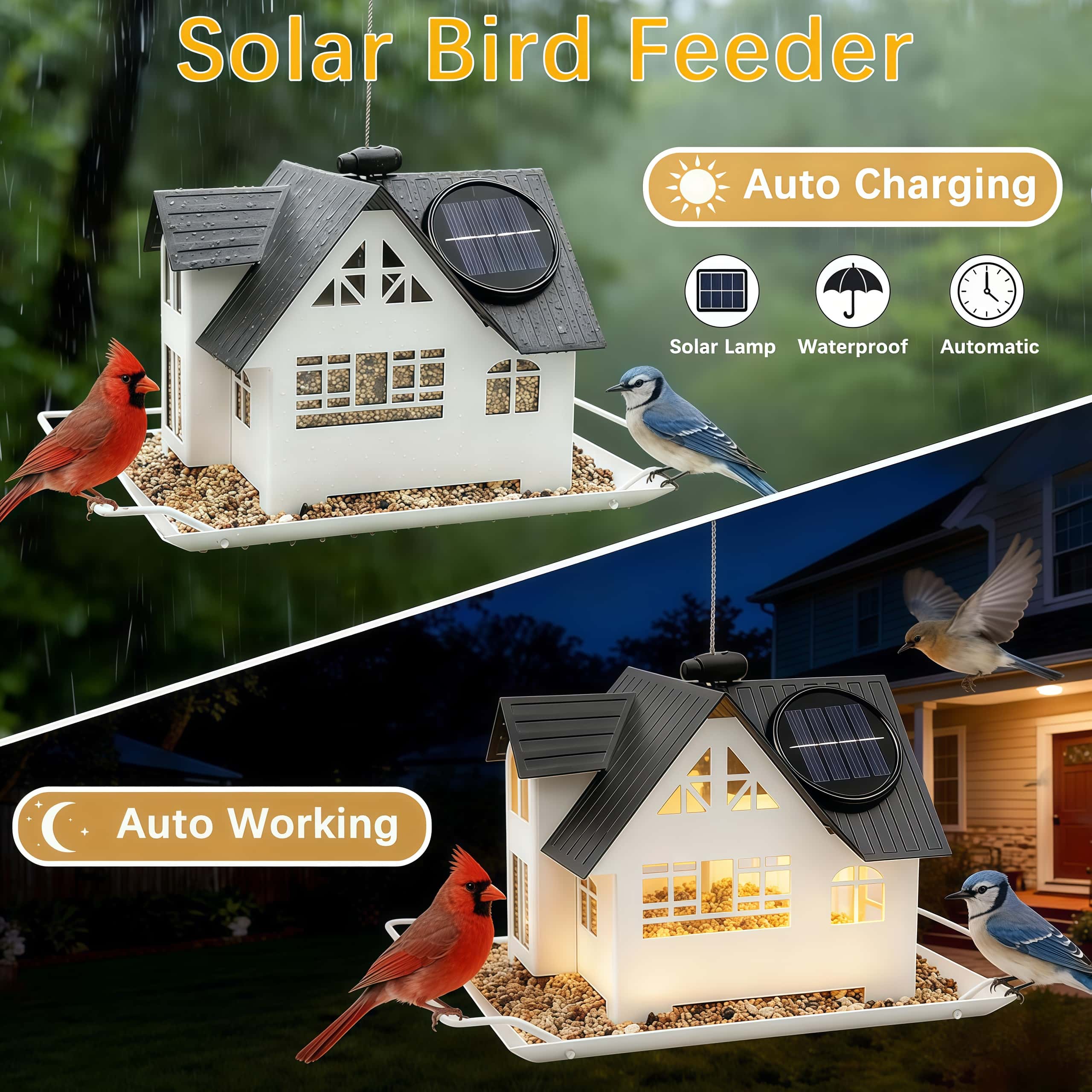 Solar‐Powered Hanging Bird Feeder with Glow – Sturdy Metal Hopper Design​🌙🐦