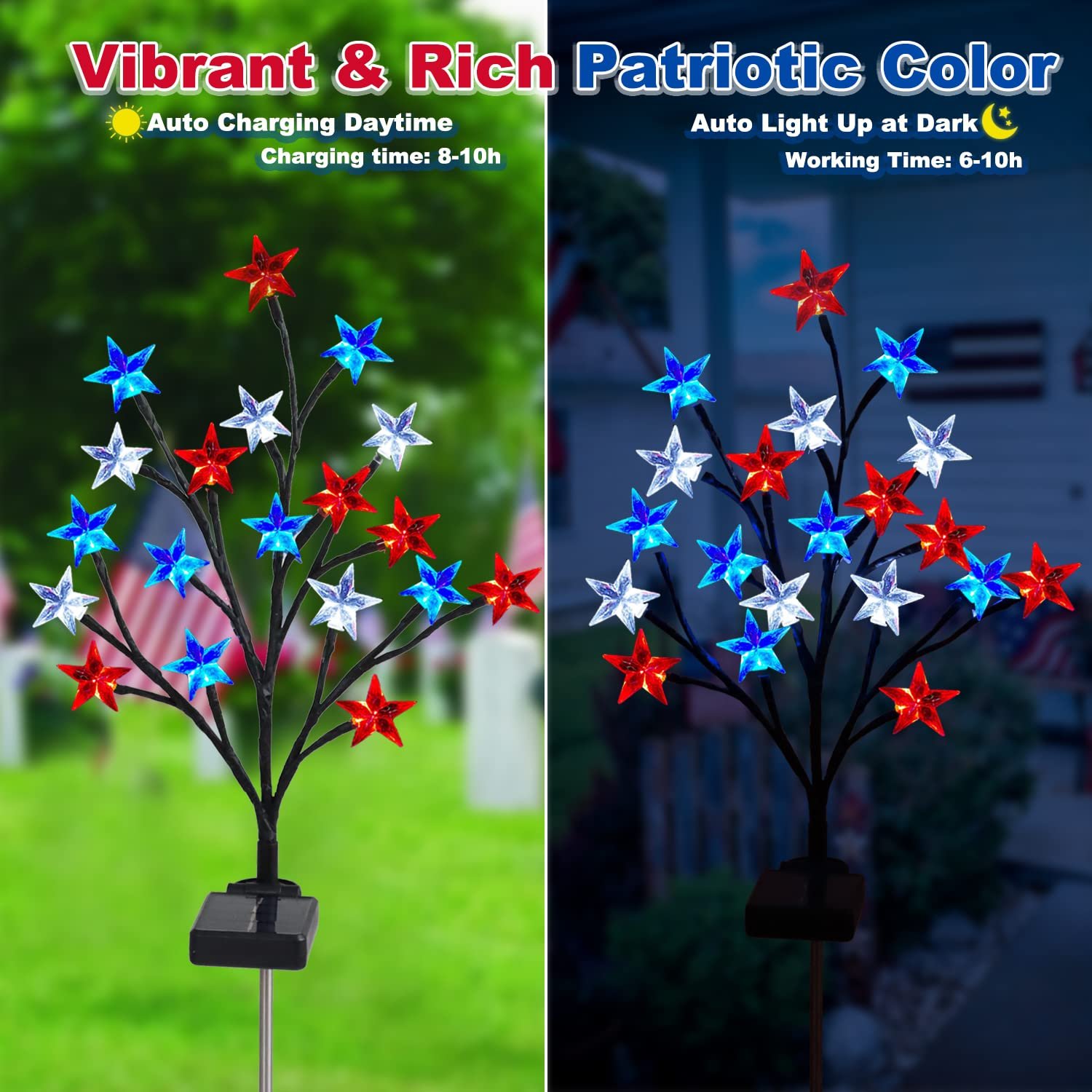 Solar 4th of July Decorations Red White and Blue Star Outdoor Lights (2 Pack)