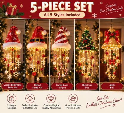 🎅 Lighted Santa Hat Hanging Chandelier 🎄 | 5 Styles Warm LED Christmas String Light | Indoor Outdoor Porch Holiday Decor Gift