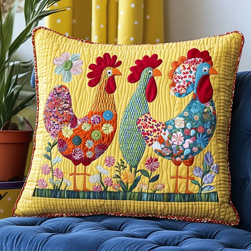 Floral Chicken Quilted Pillow