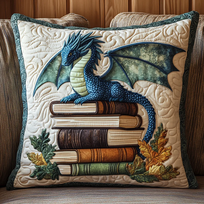Whimsical Dragon & Book Stack Quilted Pillow