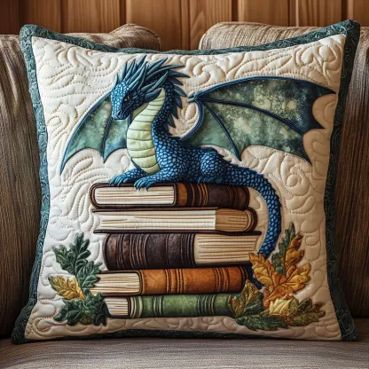 Whimsical Dragon & Book Stack Quilted Pillow