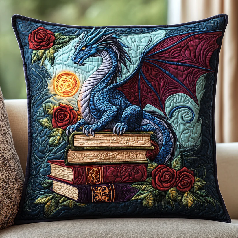 Fantasy Blue Dragon Book Quilted Pillow