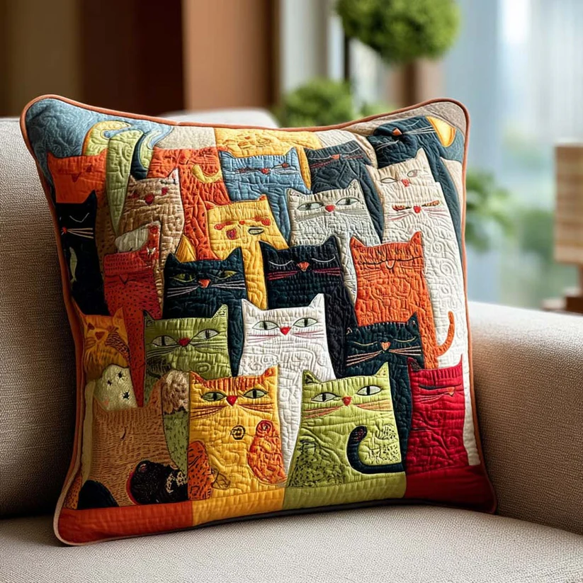 Colorful Cat Collage Quilted Pillow