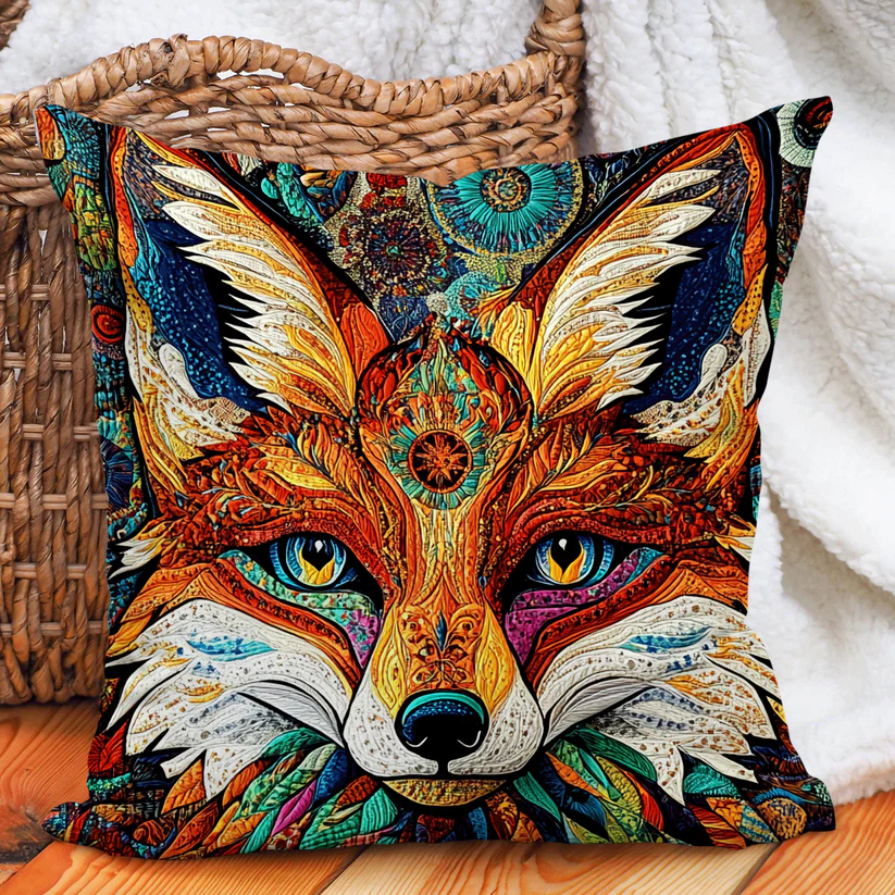 Intricate Mandala Fox Quilted Pillow