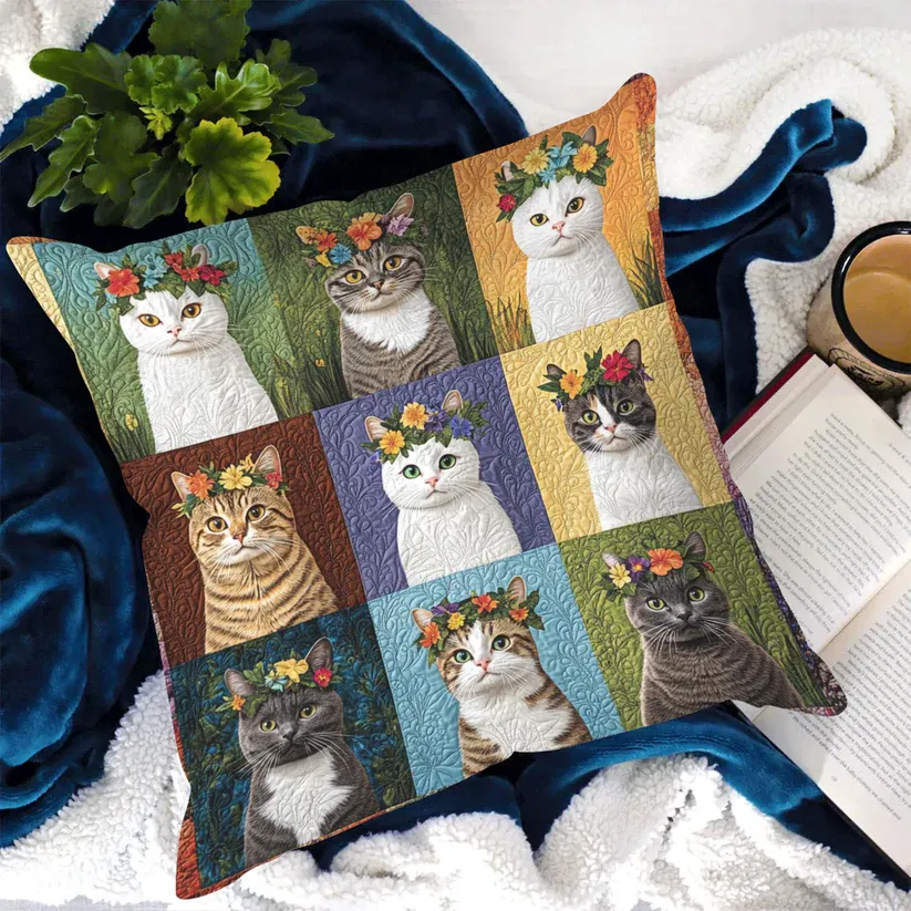 Floral Wreath Cat Collage Quilted Pillow