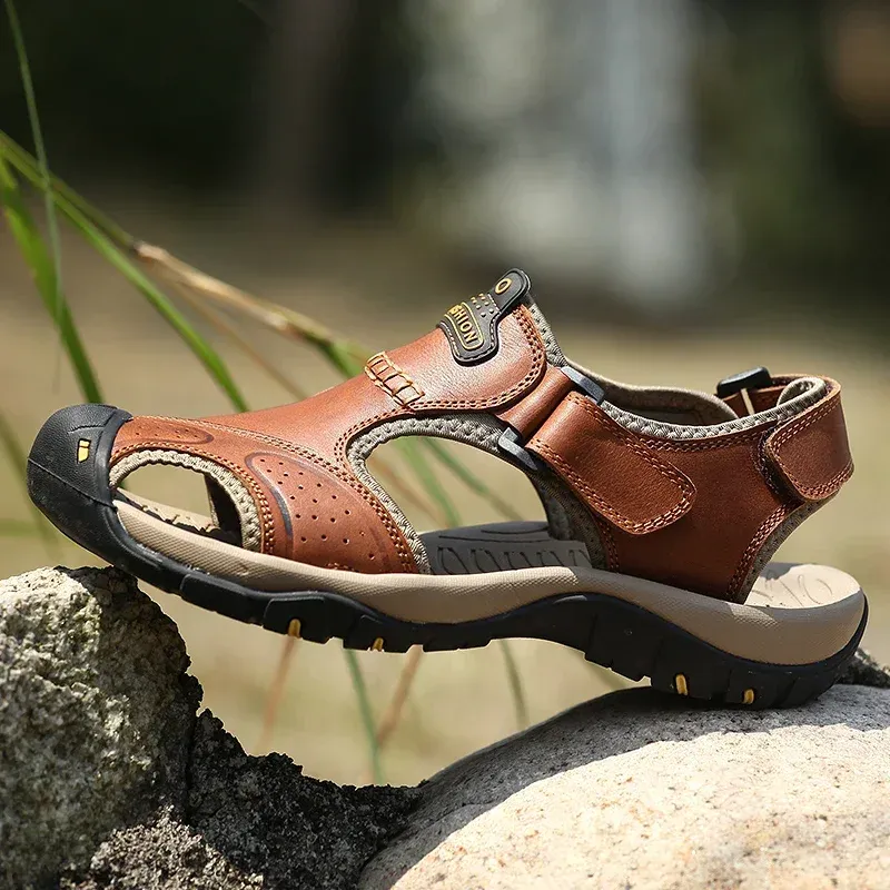 🔥 Men’s Genuine Leather Outdoor Sandals – Comfortable, Durable, and Stylish