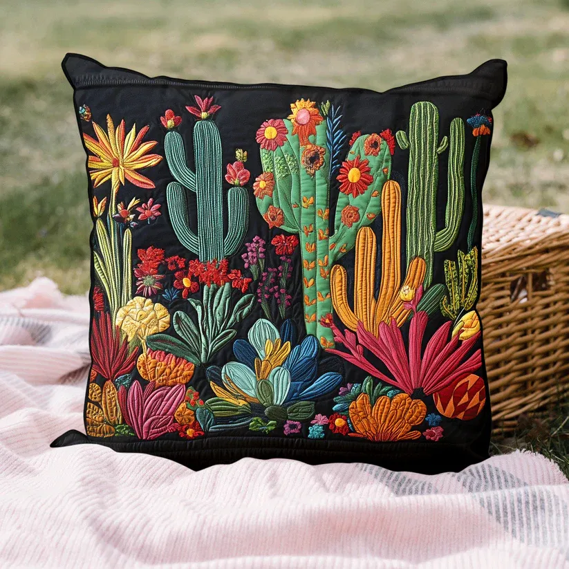 Vibrant Desert Cactus Quilted Pillow