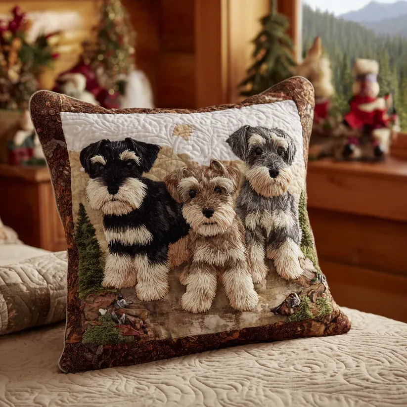 Schnauzer Trio Mountain Quilted Pillow