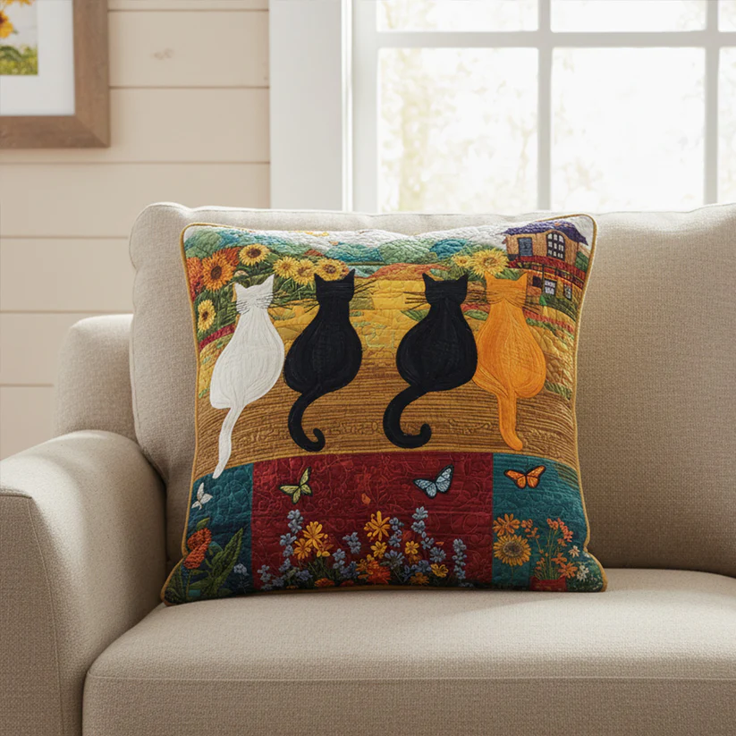 Countryside Cat Landscape Quilted Pillow