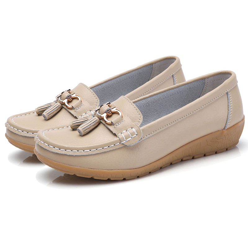 🔥Hot Sale🔥 Round-Toe Calfskin Flats, Breathable Orthopedic Slip-On Walking Shoes