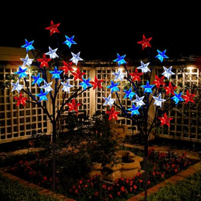 Solar 4th of July Decorations Red White and Blue Star Outdoor Lights (2 Pack)