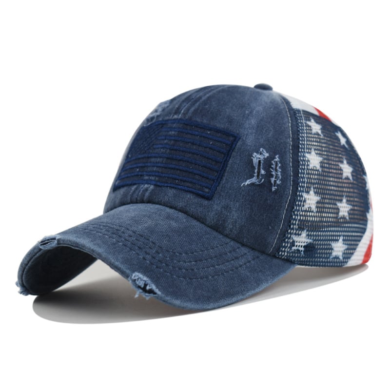 🧢 Red-White-Blue Criss-Cross Elastic Band Cotton Brushed Embroidery Baseball Cap