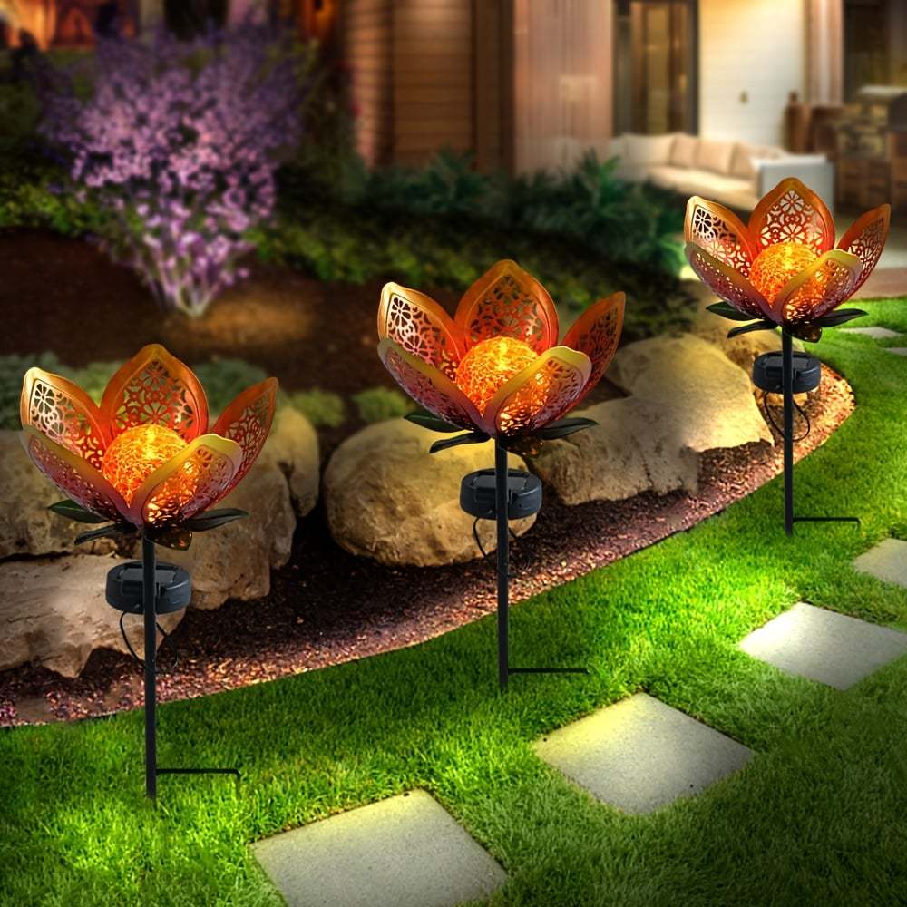 Solar Powered Metal Lotus Flower Garden Stake Lights