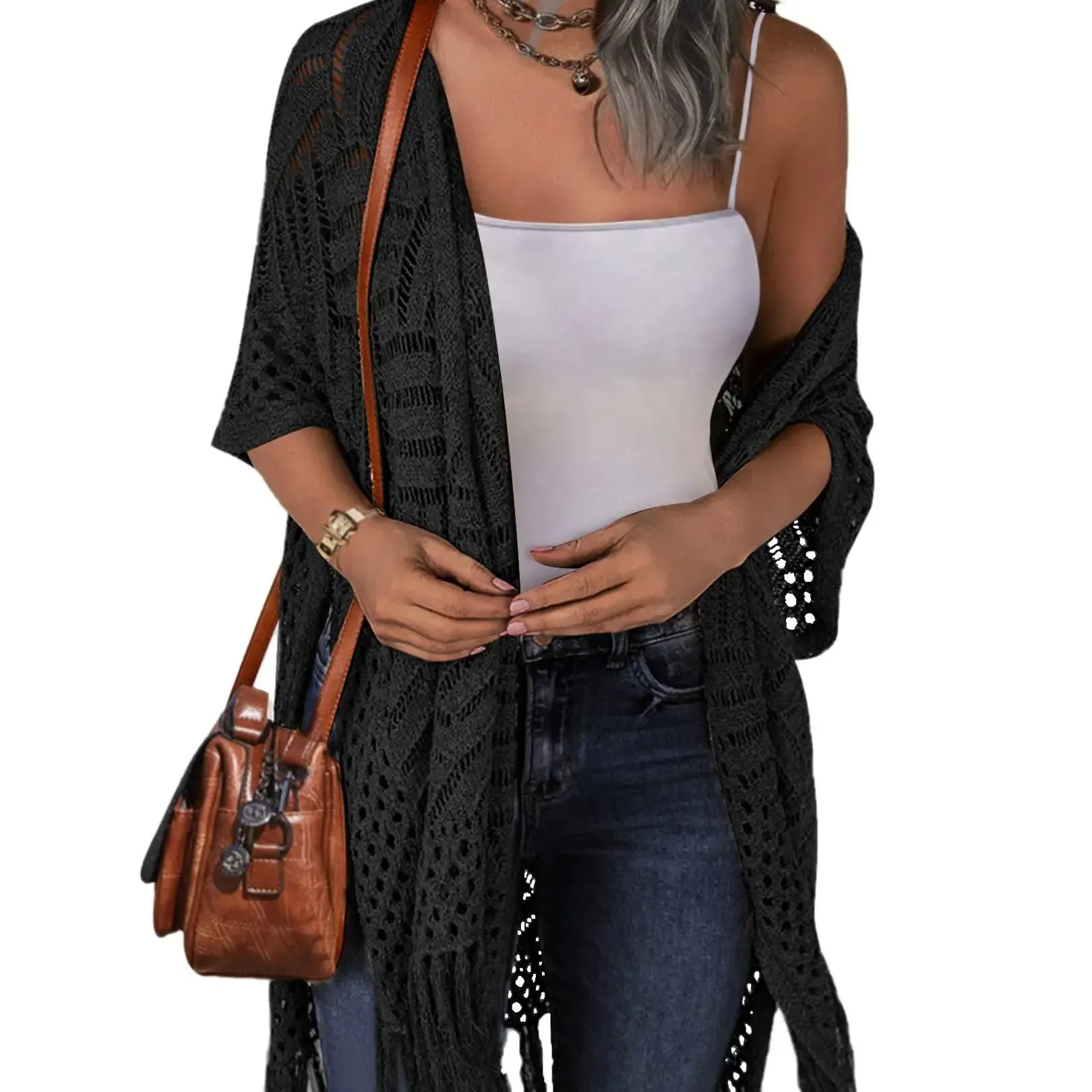 Women’s Lightweight Crochet Tassel Kimono Cardigan