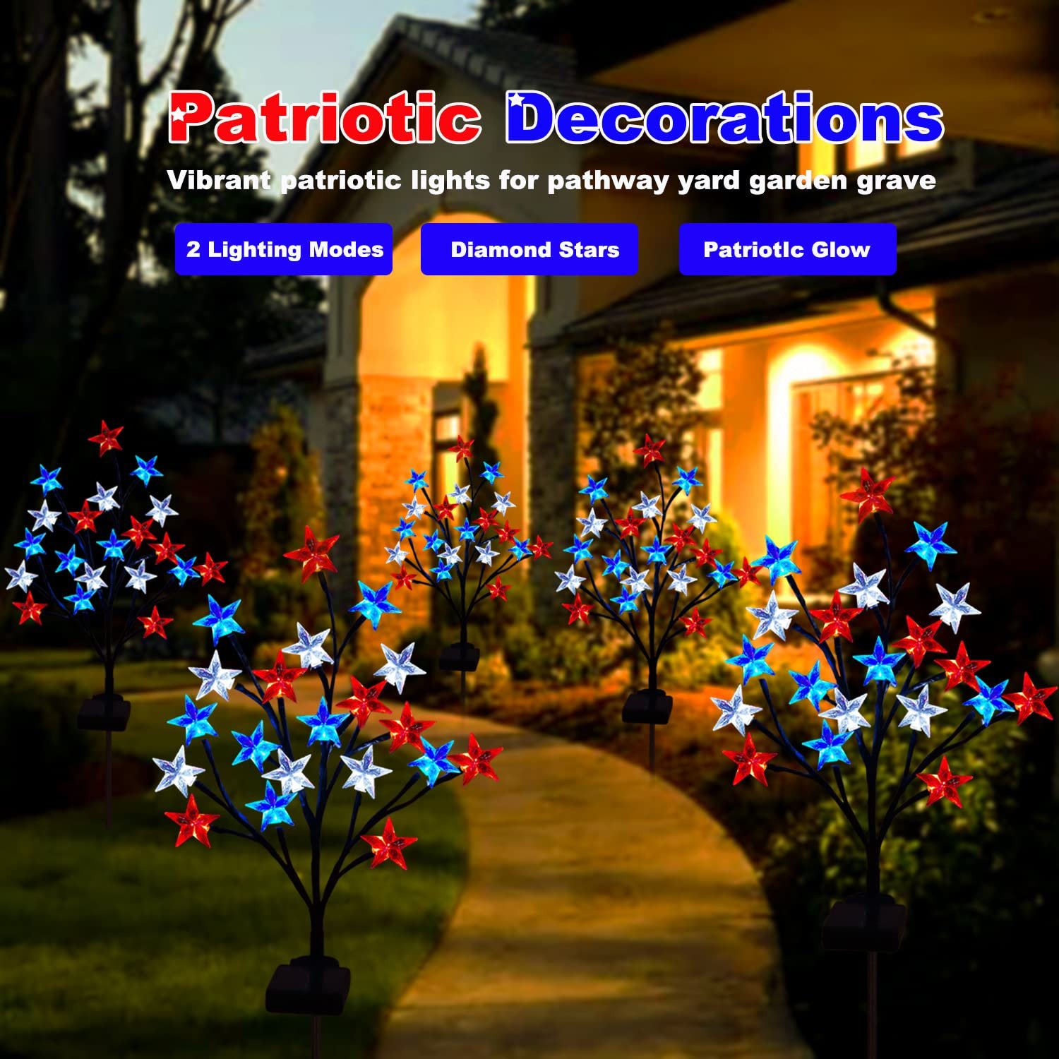 Solar 4th of July Decorations Red White and Blue Star Outdoor Lights (2 Pack)