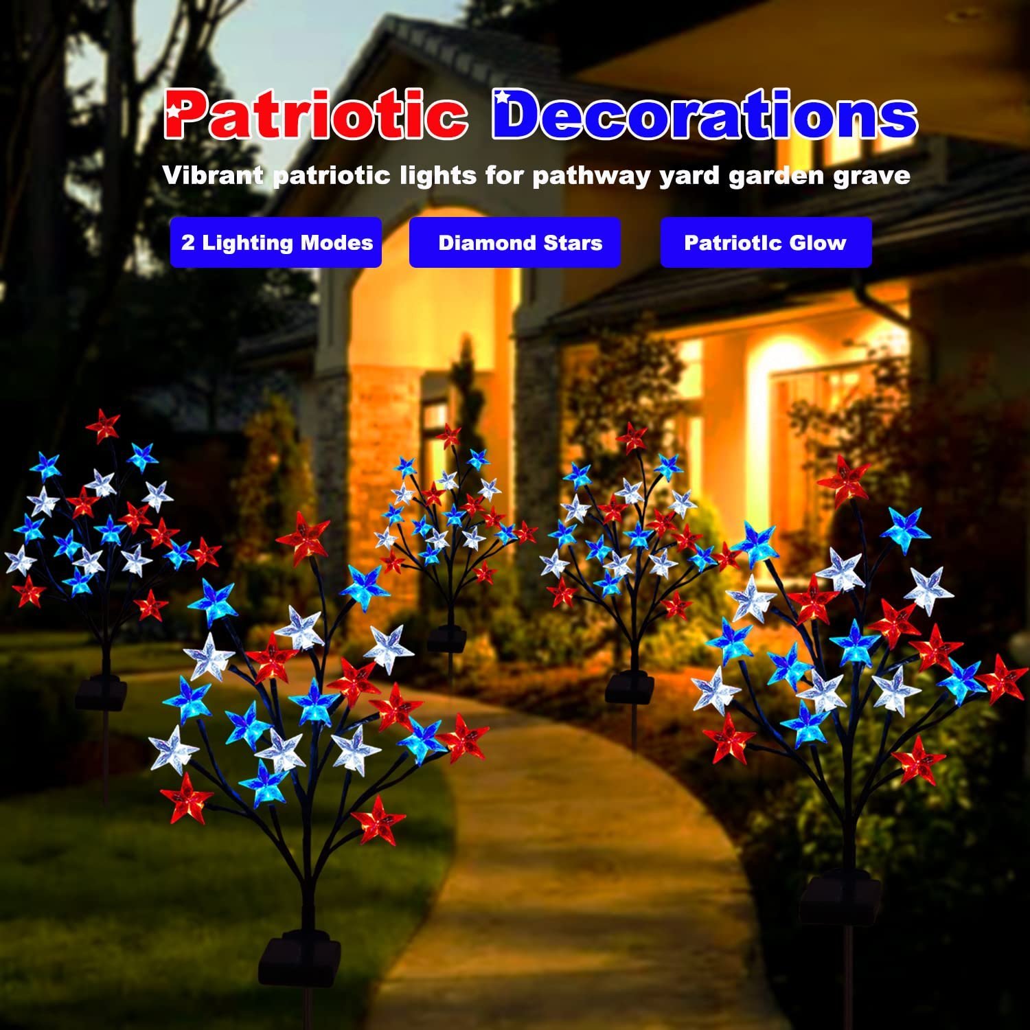 Solar 4th of July Decorations Red White and Blue Star Outdoor Lights (2 Pack)