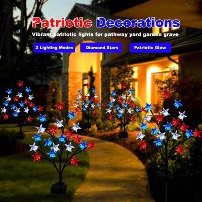 Solar 4th of July Decorations Red White and Blue Star Outdoor Lights (2 Pack)