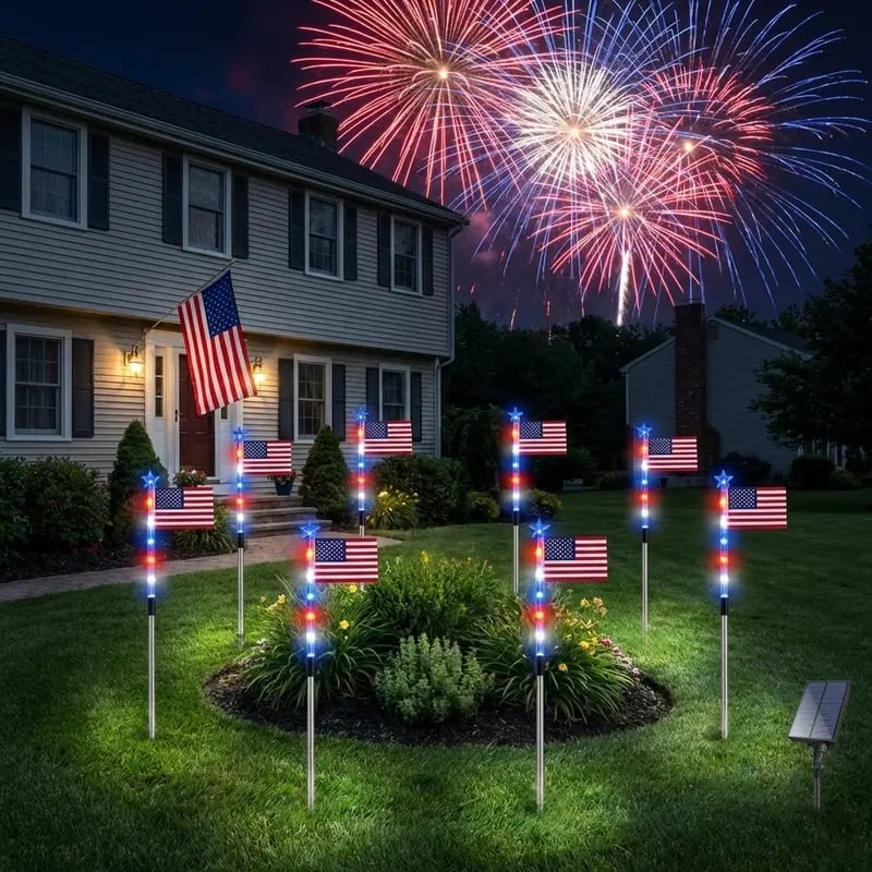8-Piece Flag Light Set – 4th of July Decorations with 8 Lighting Modes – Perfect for Pathways, Gardens, and Yard Deco