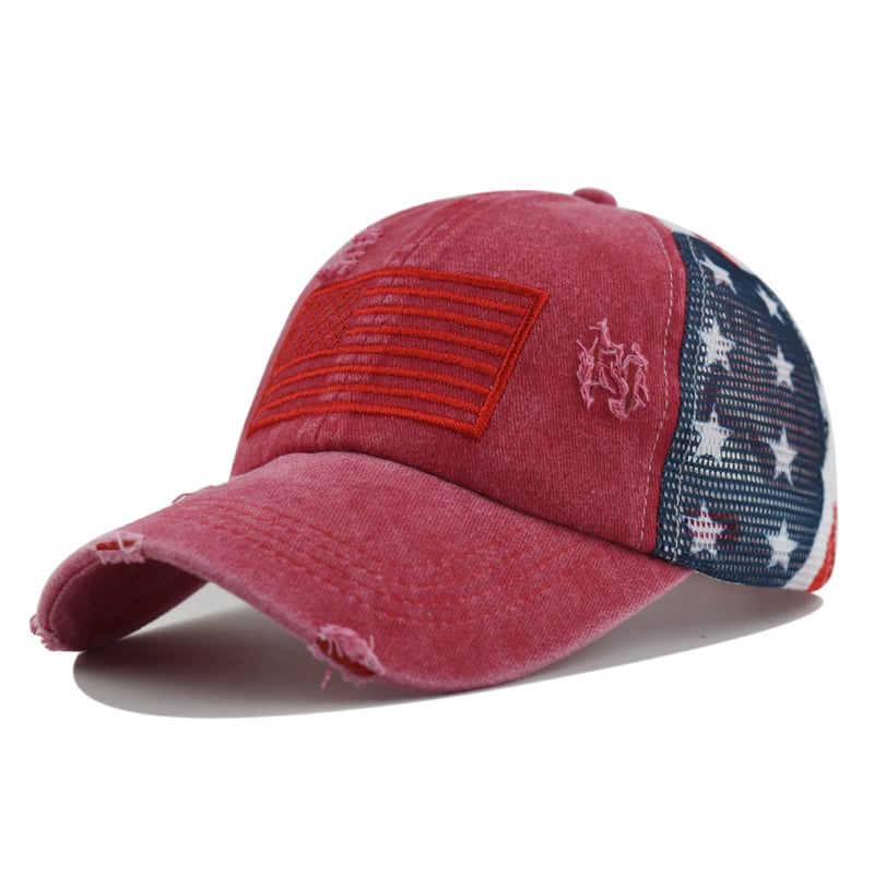 🧢 Red-White-Blue Criss-Cross Elastic Band Cotton Brushed Embroidery Baseball Cap