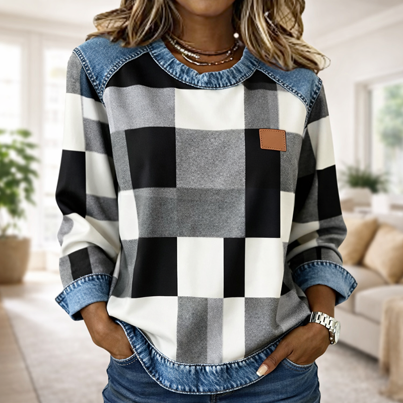 🔥Women's Casual Round Neck Denim Patchwork Pullover Sweatshirt