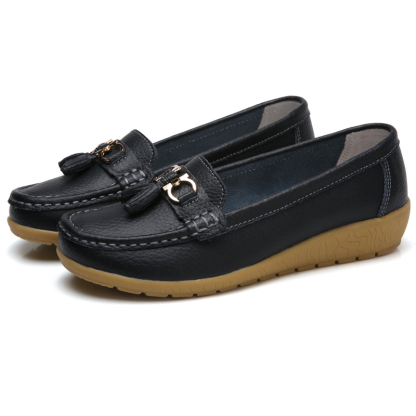 🔥Hot Sale🔥 Round-Toe Calfskin Flats, Breathable Orthopedic Slip-On Walking Shoes