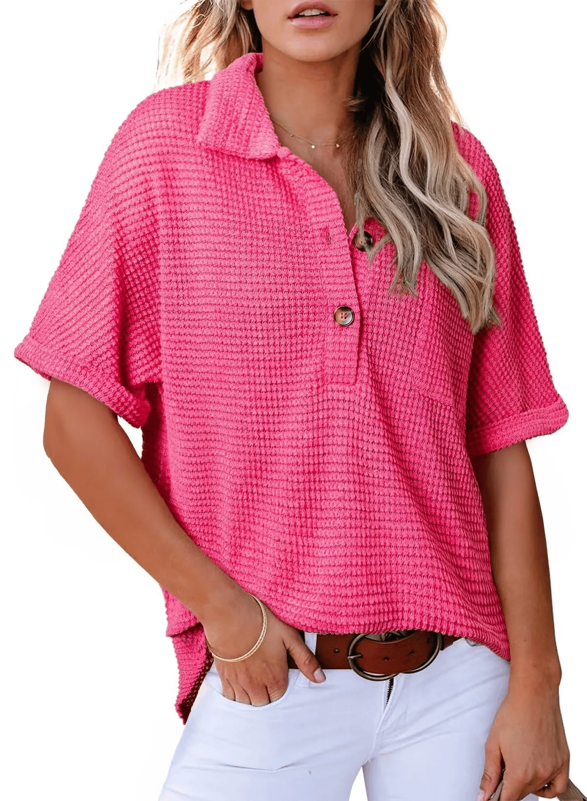 ✨2025 New Women's Waffle Knit Short Sleeve Tunic Henley Shirts