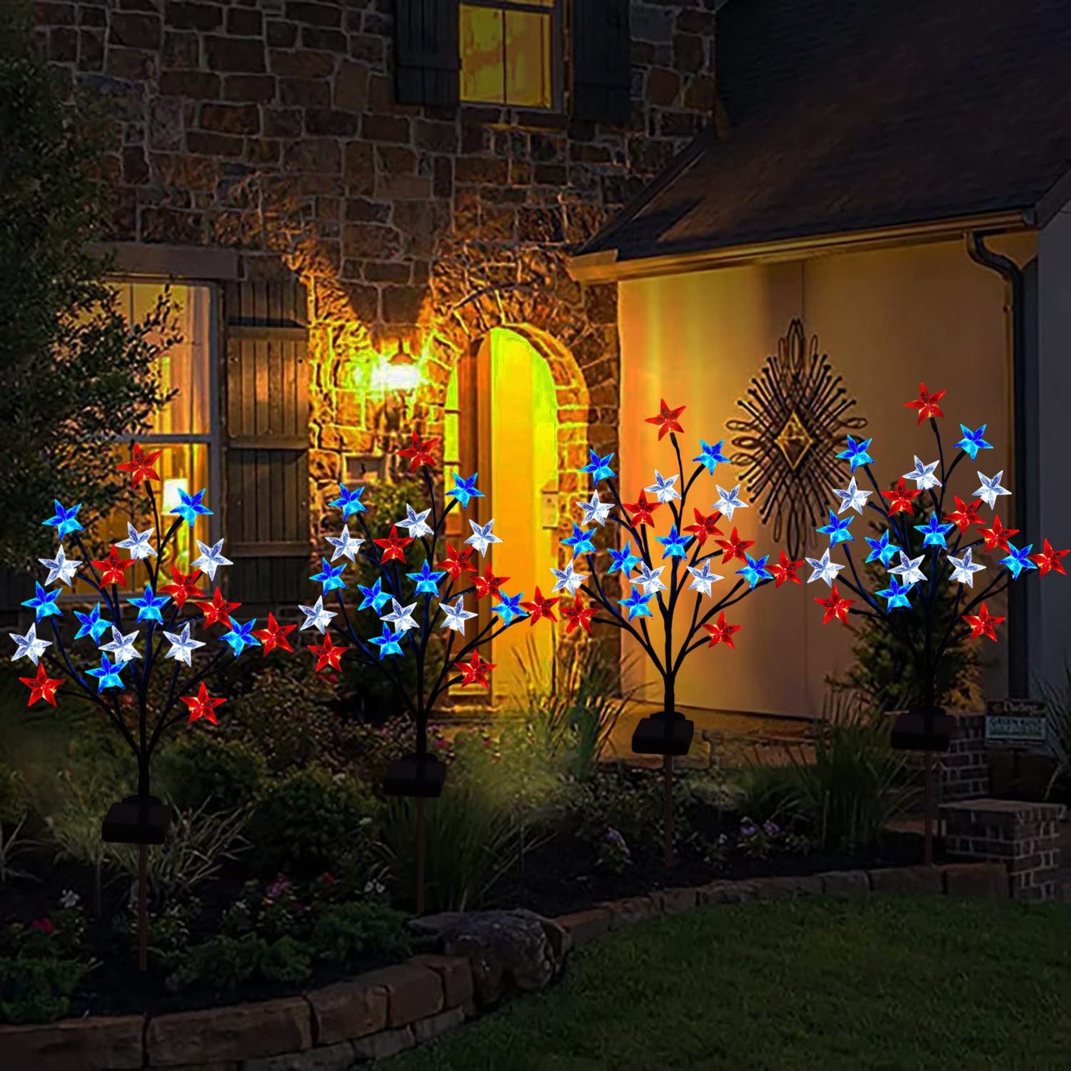 Solar 4th of July Decorations Red White and Blue Star Outdoor Lights (2 Pack)