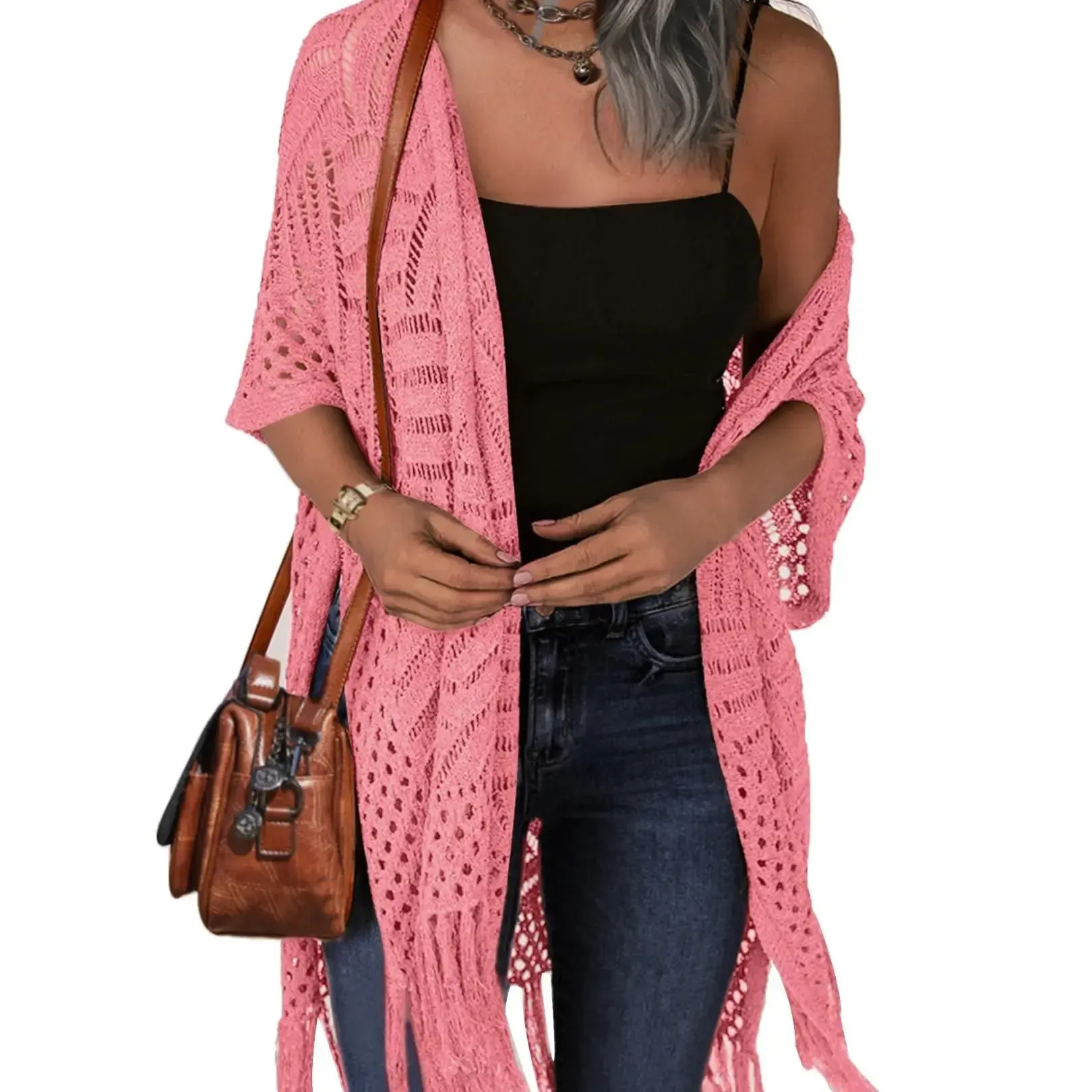 Women’s Lightweight Crochet Tassel Kimono Cardigan