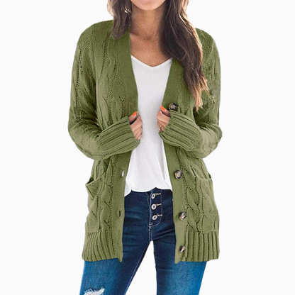 Twist-Front Button-Down Cardigan with Pockets – Effortless Everyday Knit