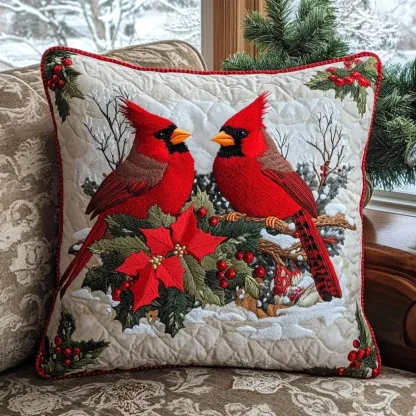 Christmas Cardinal & Poinsettia Quilted Pillow