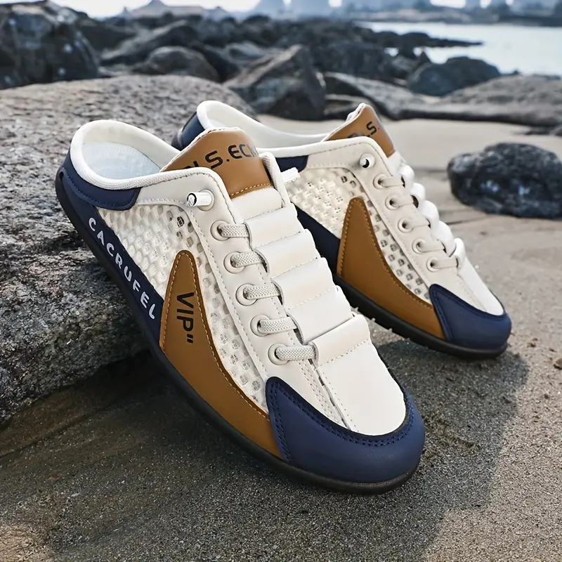 男士轻便一脚蹬鞋 - 速干缓震底，海军蓝/米白色块拼设计 - pu上皮&防滑pvc外底 - 健身房、沙滩、露营日常穿着 - 全天舒适室内外运动鞋，时尚拖鞋，透气织物鞋垫，耐用结构，休闲运动鞋，健身爱好者必备 3