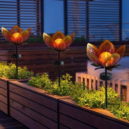 Solar Powered Metal Lotus Flower Garden Stake Lights