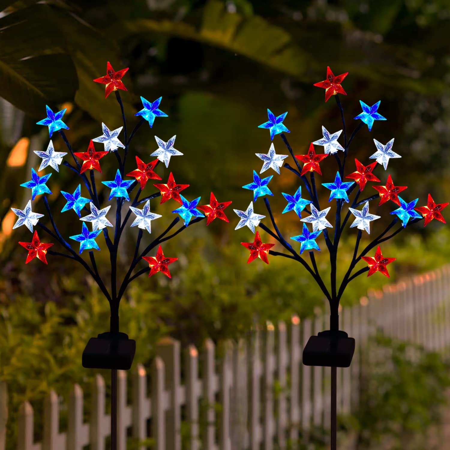 Solar 4th of July Decorations Red White and Blue Star Outdoor Lights (2 Pack)