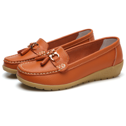 🔥Hot Sale🔥 Round-Toe Calfskin Flats, Breathable Orthopedic Slip-On Walking Shoes